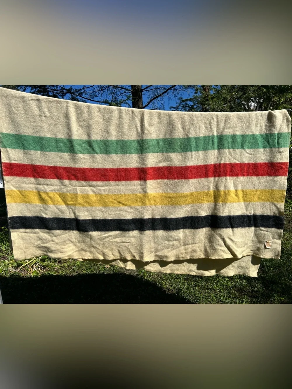 Vintage Blanket 100% Virgin Wool Golden Dawn JC Penney Striped Red Green Yellow